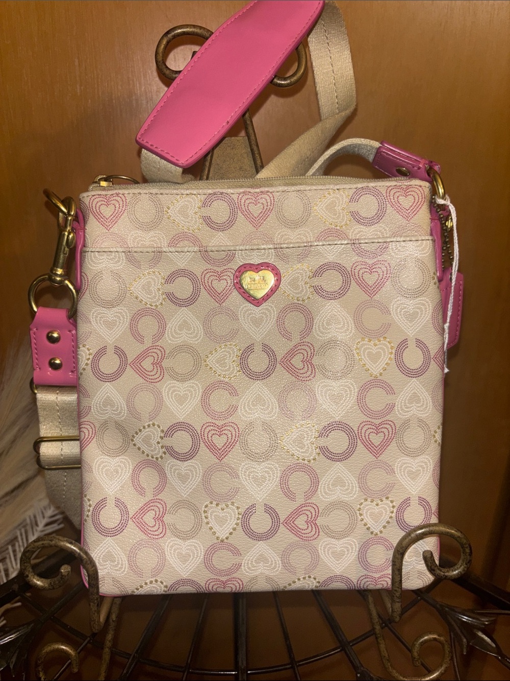 Coach Waverley Swing back Heart Cream Crossbody Bag with Pink Accents